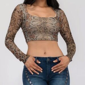Rhapsodielle SNAKE PRINT MESH LONG SLEEVE CROP TOP Sz M Women